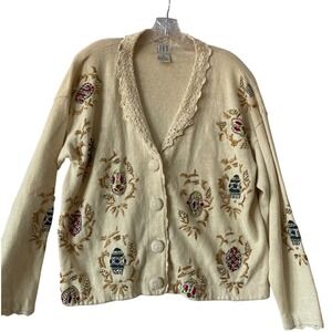 Vintage IVY Hong‎ Kong Beaded Cardigan Sweater M Lace Collar Ramie Cotton Floral